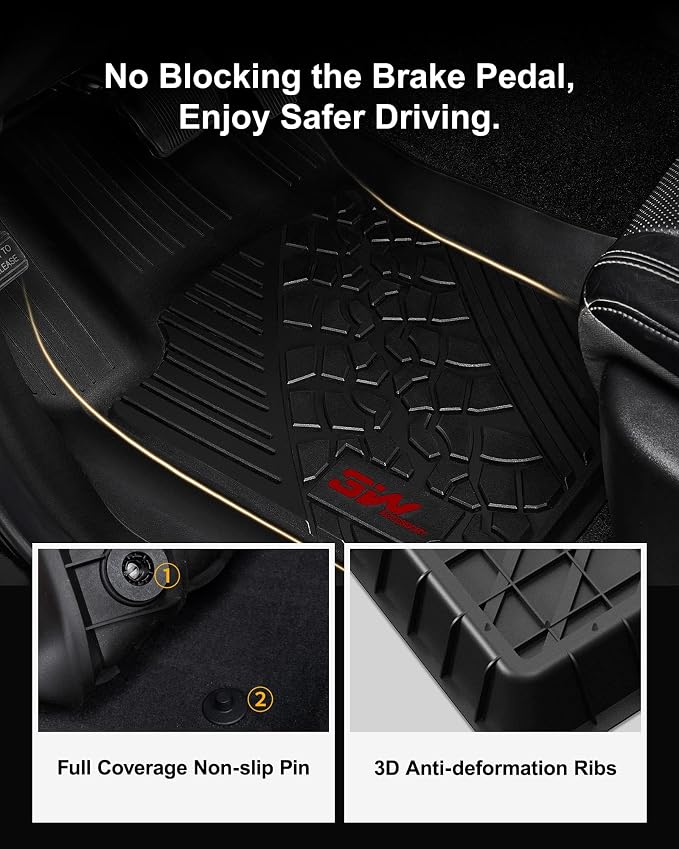 3W Floor Mats for Jeep Gladiator 2020-2026 1st & 2nd Row | TPE All Weather Floor Liner Full Set Car Liners with red Logo,Black - Image 4