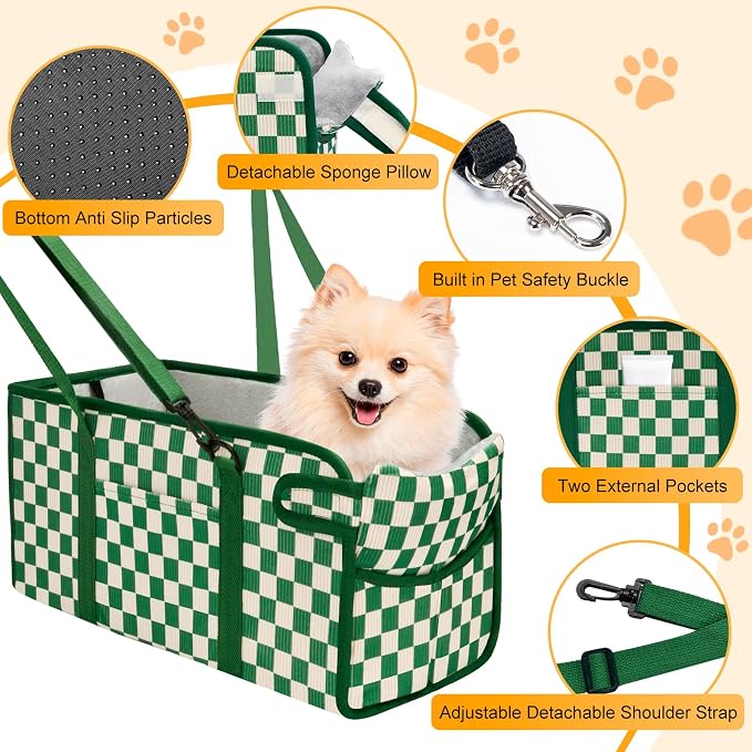 Console Dog Car Seat for Small Dogs, Foldable Booster Seat, Green Checkered | Portable Booster Seat Sits On Car Console/ Armrest. Foldable for Easy Storage. for Center Console, Easy To Clean. - Image 3
