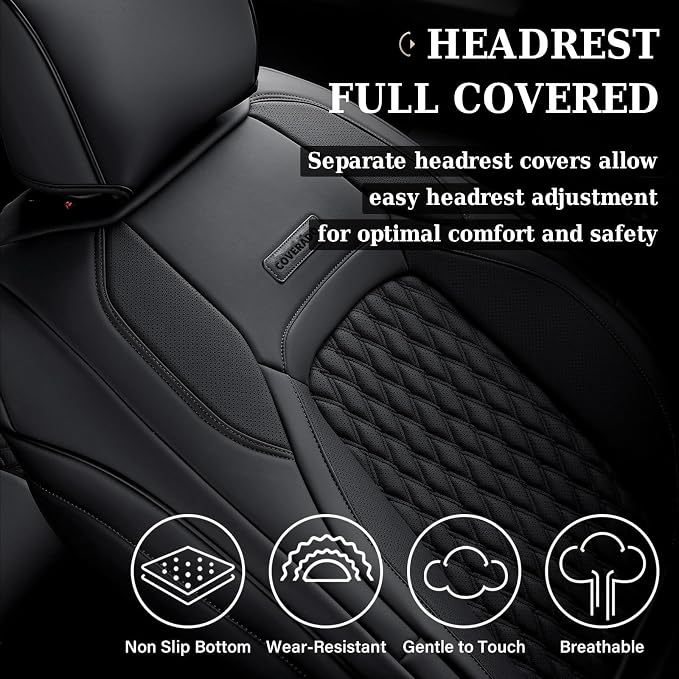 Coverado Custom Fit Front Seat Covers for Chevy Silverado/GMC Sierra 2007-2025 1500, 2015-2025 2500HD 3500HD Crew/Double/Extended Cab – Faux Waterproof Leather (Black) - Image 4