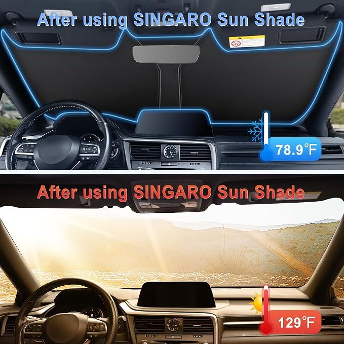 SINGARO 300T Universal Car Windshield Sun Shade, Foldable Reflective for Windshield & Window Shades with Overlapping Design, Car Interior Accessories (68.8" L x 35" W) - Image 3