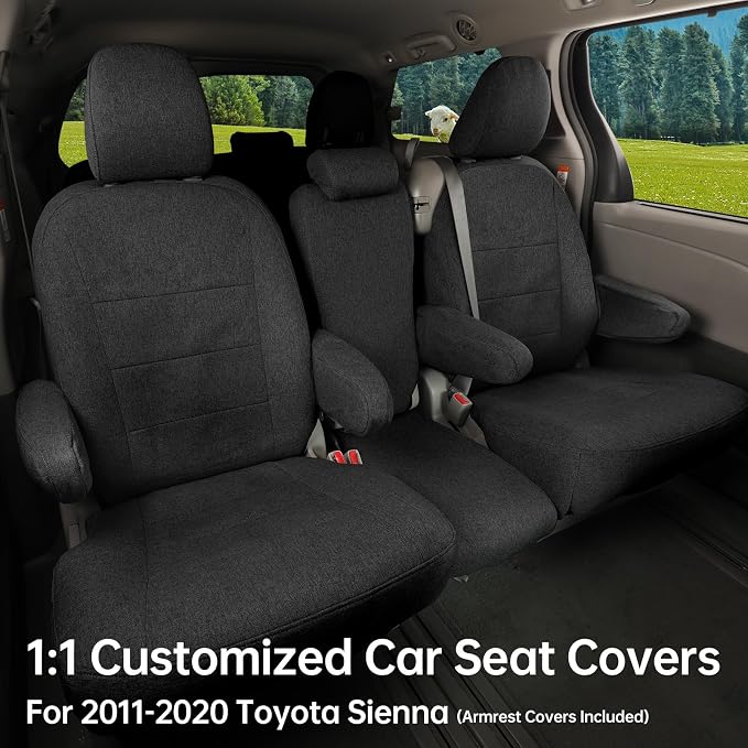Sienna Car Seat Covers Custom Fit for 2011-2020 Toyota Sienna SE,LE,XLE,SE Premium,XLE Premium,8-Seater,Full Coverage,Airbag Compatible Polyester Auto Seat Protector (Full Set,Black) - Image 3