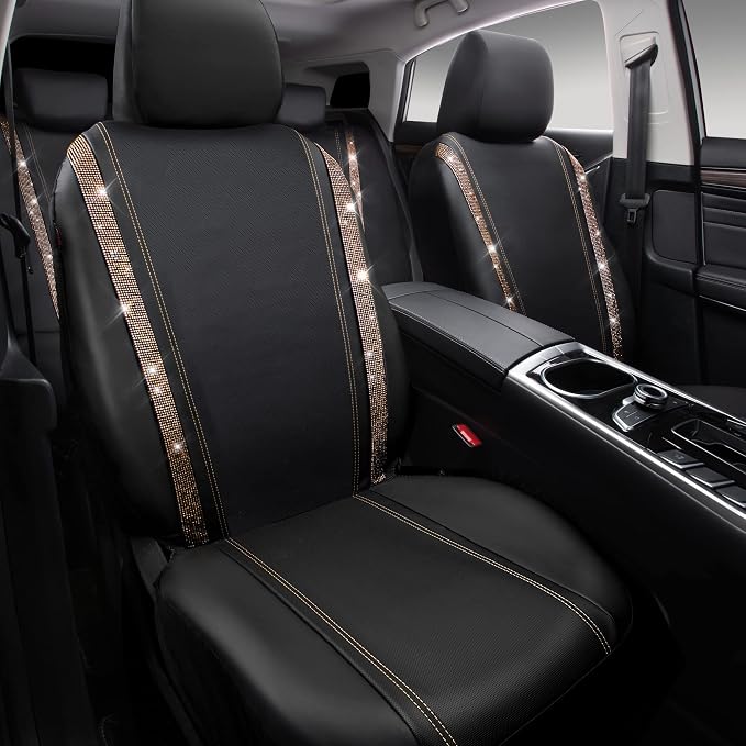 CAR PASS Bling Diamond Car Seat Covers Full Sets, Shining Rhinestone Waterproof Faux Leather, with Zipper, Universal Fit Automotive Glitter Crystal Sparkle Strips Cute Women Girl, Champagne Gold - Image 7