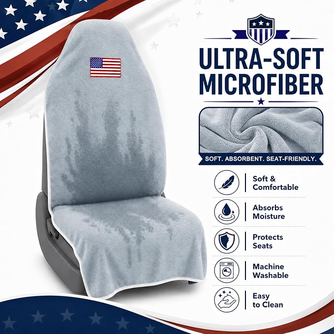 Car Seat Towel Cover, Sweat-Proof & Absorbent Microfiber Seat Protector for Gym, Workout & Beach, Universal Fit for Most Cars, SUVs & Trucks, 59"x29", Silver Gray Flag (2-Pack) - Image 5