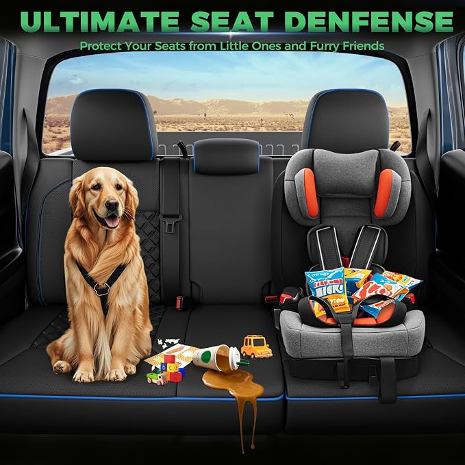 RIDEPOSH Custom Leather Seat Covers for Toyota Tacoma Double Cab 2016-2023 | full set, BKblue, OEM fit, premium waterproof leather, anti-slip, extra pockets, long-term durability, airbag compatible - Image 6