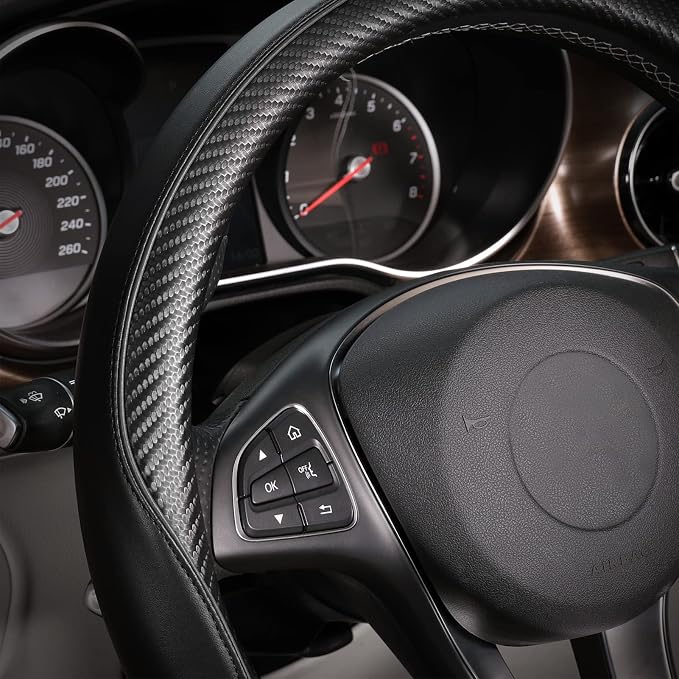 SEG Direct Steering Wheel Cover 14.5"-15" Heavy-Duty, Black Carbon Fiber | Standard Medium Size, Heavy-Duty Microfiber Leather with Carbon Fiber Pattern - Image 3