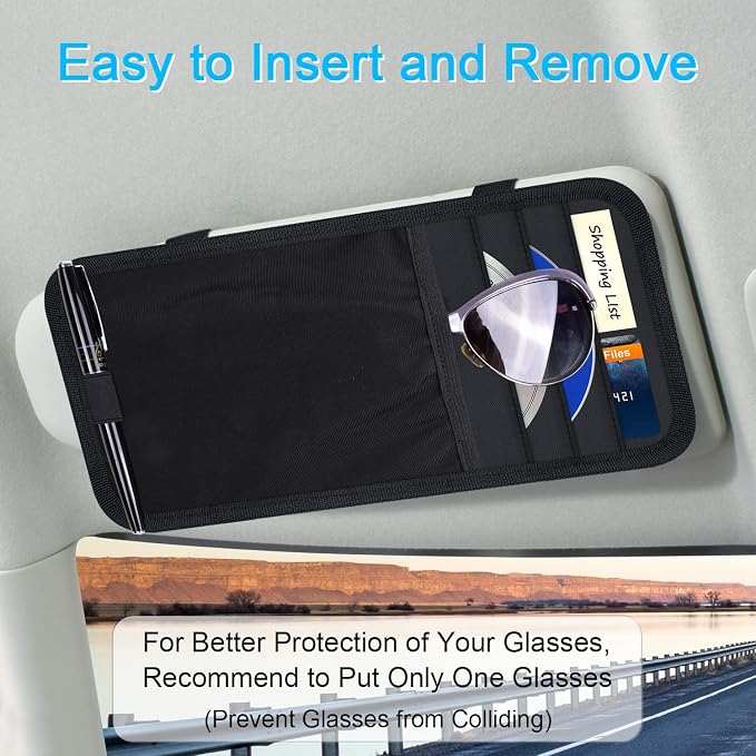 Wisdompro Car Sun Visor Storage Pouch, Sunglasses Bag & 3 CD Sleeves, Black | with Pen Holder and Elastic Strap, Auto Sunvisor Organizer Pocket for Glasses, Document, Card, DVD, Papers, Receipts - Image 3