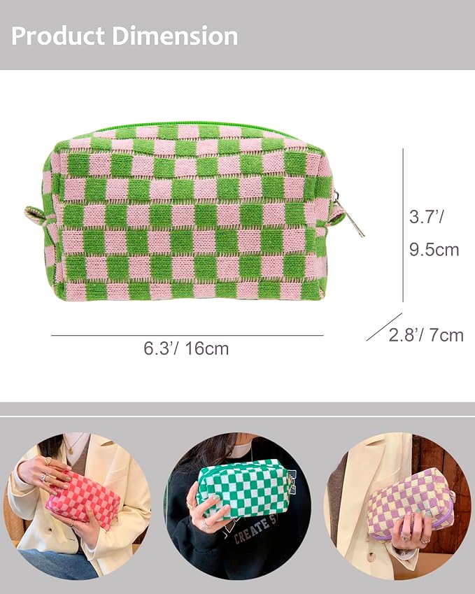 Checkered Makeup Bag for Purse, Small Cosmetic Pouch,Pink Green,6 Pack | Cute Zipper Makeup Organizer for Women, Travel Essentials, Toiletries, Makeup Brushes, Beauty Accessories&Bridesmaid Gifts - Image 3