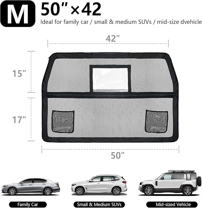 50" Pet Dog Car Barrier with Removable Visual Window, Pet Barrier for Car Escape-Proof, Back Seat Divider & Cargo Area Gate, Durable Dog Net for Car, Ideal for Trucks, SUV & Mid-Sized Vehicle - Image 2