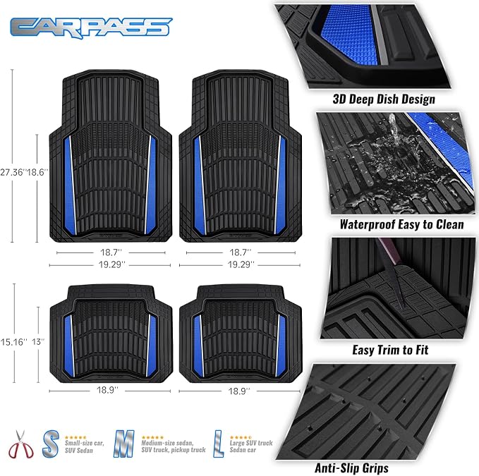 CAR PASS Heavy Duty Rubber Car Floor Mats, Deep Waterproof Car Floor Mats All Weather, Aluminum Film Floor Mats for Cars Non-Slip Universal Trim to Fit for SUVs Trucks Sedans Vans, Black Blue Metallic - Image 4