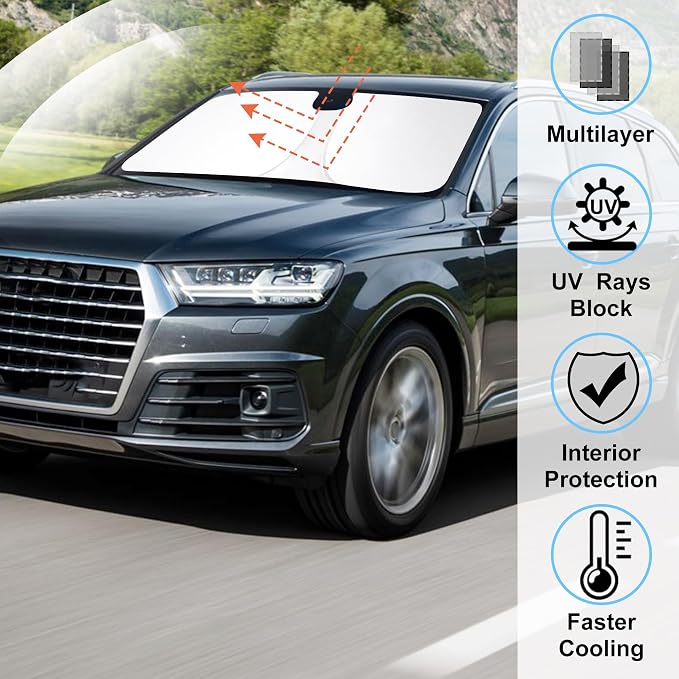 Windshield Sun Shade for 2016-2025 2026 Audi Q7 Accessories | Full covered for windshield, Foldable & Durable, Block UV Rays, Reduce Heat, Easy to install, Keep Car Cooler - Image 2