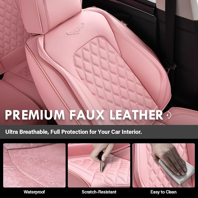 Coverado Full Set Car Seat Covers, Luxury Faux Leather Waterproof Seat Covers, Pink Car Seat Protectors, Universal Fit for Most Cars, Automotive Seat Covers-Pink - Image 7