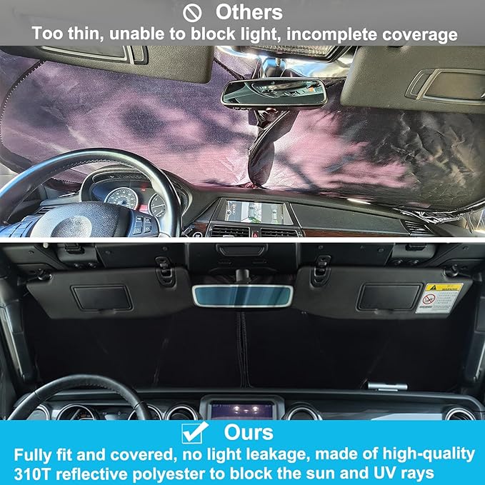 Premium Windshield Sun Shade for 2018-2026 Jeep Wrangler JL JLU & 2020-2026 Jeep Gladiator, Reflective 310T Material Front Window Sun Visor Blocks UV Rays Foldable Sunshade with Storage Pouch - Image 4