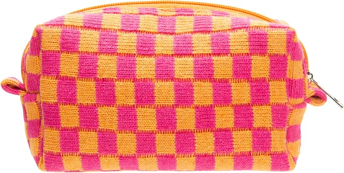 Checkered Makeup Bag for Purse, Small Travel Cosmetic Pouch,Red Orange | Cute Zipper Makeup Organizer for Women, Travel Essentials, Toiletries, Makeup Brushes, Beauty Accessories&Bridesmaid Gifts by PAZIMIIK