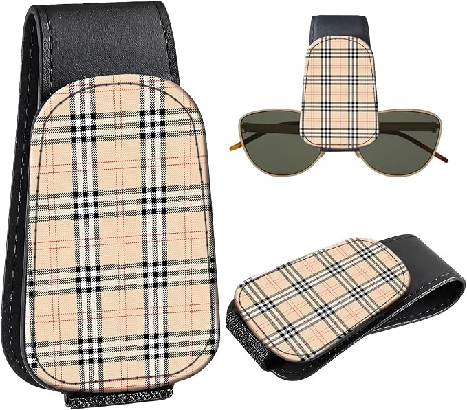 Leather Magnetic Sunglass Holder for Car Sun Visor, Cute Eyeglass Ticket Card Hanger Clip, Universal Auto Interior Accessories for SUV Pickup Truck, Beige Plaid by Unknown