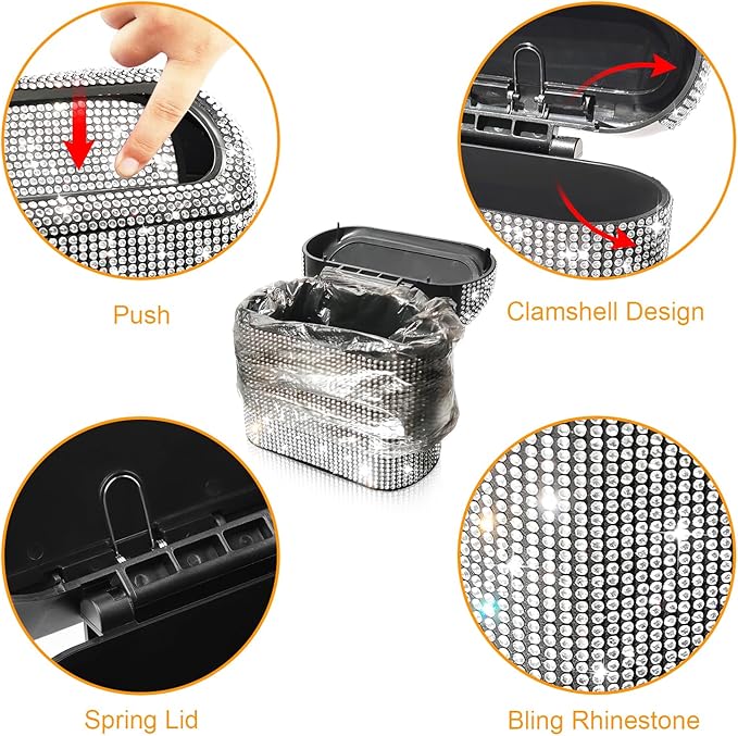 Accmor Bling Car Trash Can with 30pcs Garbage Bags, Vehicle Trash Bin with Lid Auto Dustbin Organizer Garbage Storage, Sparkling Crystal Mini Trash Container Holder - Image 3