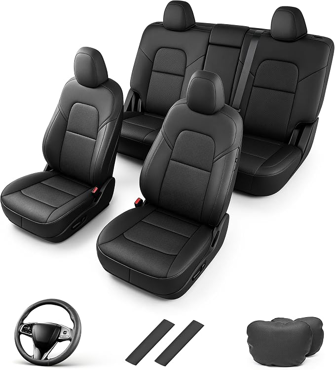 AOMSAZTO Seat Cover for Tesla Model Y 2020-2025 Not for Juniper/Performance | 4-Pieces Set with Seatbelt Cover,Steering Wheel Covers, Headrests,5 Seats Faux Leather Waterproof,Airbag Compatible-Black by AOMSAZTO