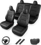 AOMSAZTO Seat Cover for Tesla Model Y 2020-2025 Not for Juniper/Performance | 4-Pieces Set with Seatbelt Cover,Steering Wheel Covers, Headrests,5 Seats Faux Leather Waterproof,Airbag Compatible-Black by AOMSAZTO