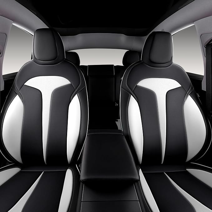 Custom Seat Covers for 2025 2026 Tesla Model Y Juniper 5-Seater Black+White | Waterproof Breathable Nappa Leather, OEM Factory Style Full Set, Full Coverage Design with Armrest Covers, Airbag Compatible - Image 3