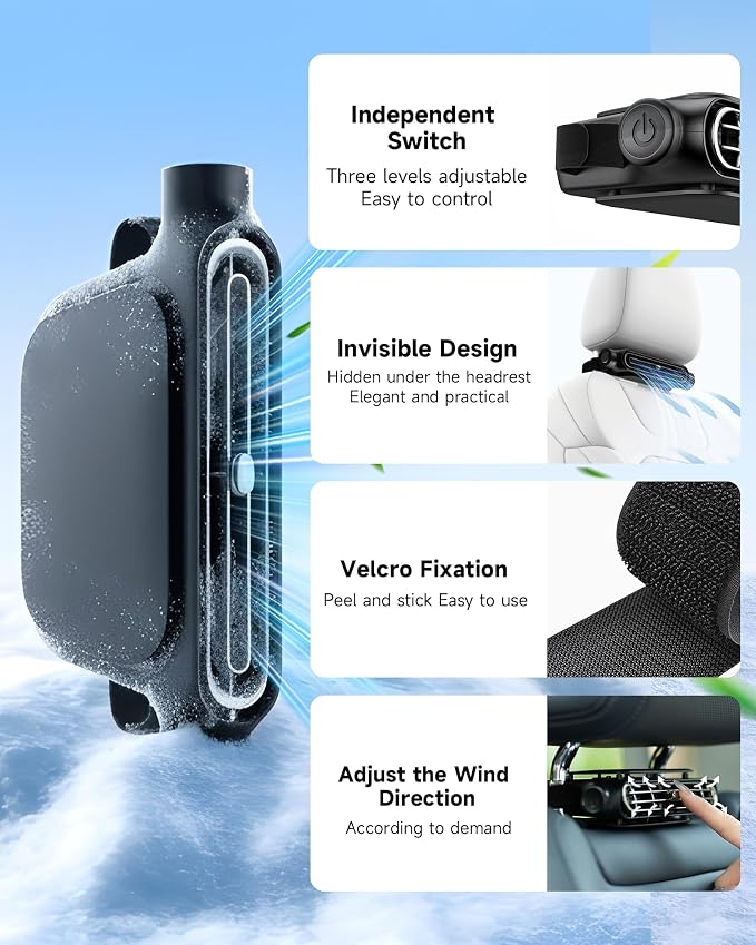 2026 NEW Car Seat Fan, Invisible Car Headrest Cooling Fan, USB Backseat Fan Portable Vehicle Design with 3 Adjustable Wind Speeds for Most Cars Vehicle Jeep Van RV Truck - Image 4