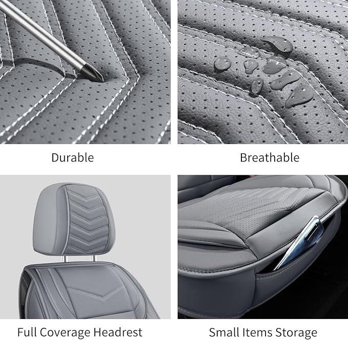 HChengkikz Front Car Seat Cover, Waterproof Faux Leather, Waterproof (Gray) | Easy Maintenance, Airbag Compatible, Universal Fit For Most SUVs Trucks Pick-ups Sedans - Image 6