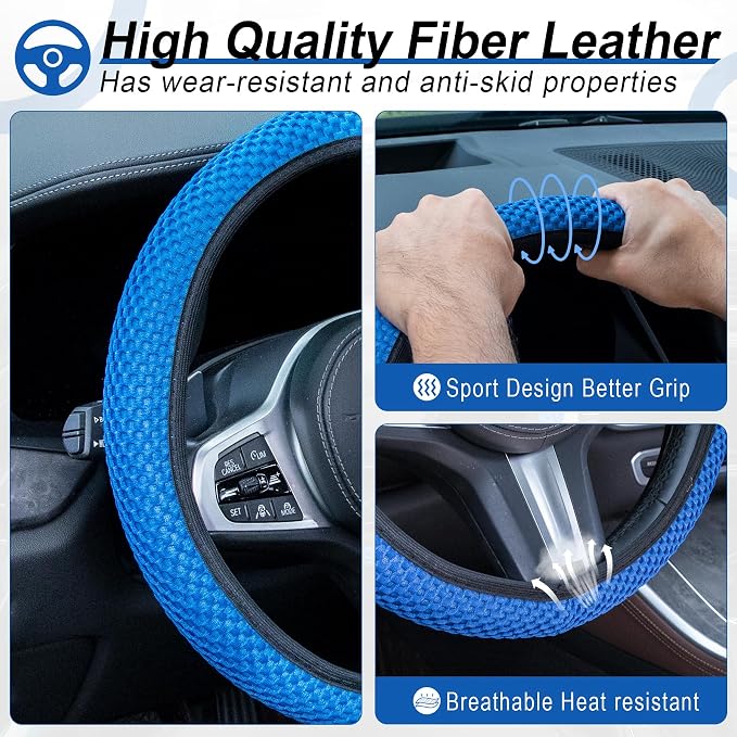 Alpmosn Elastic Stretch Steering Wheel Cover, Universal Interior Accessories Steering Wheel Cover for Women & Men, Breathable Microfiber Ice Silk, Anti-Slip, Odorless, Easy Carry(Blue) - Image 3
