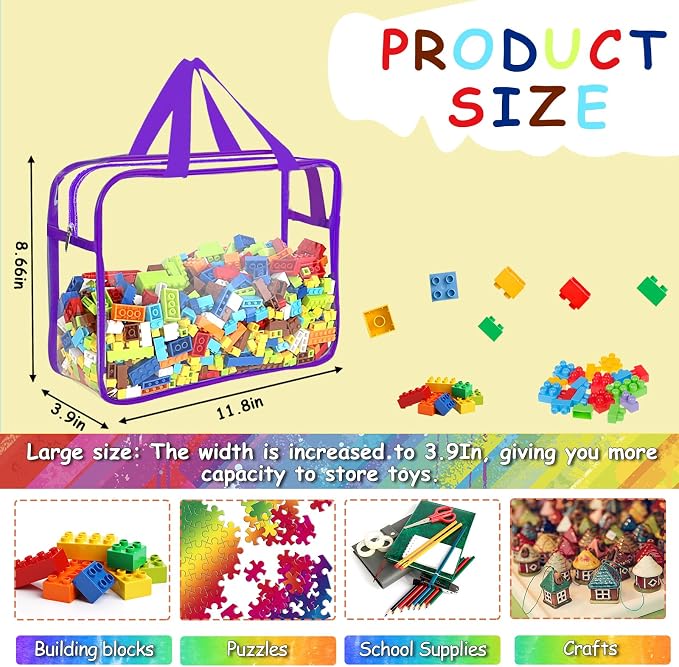 6 Color Large Toy Storage Bags with Labels, Reusable Clear PVC Board Game Storage, Travel Waterproof Organizer Bags with Zipper for Building Blocks, Puzzle, Kids Books - Image 2