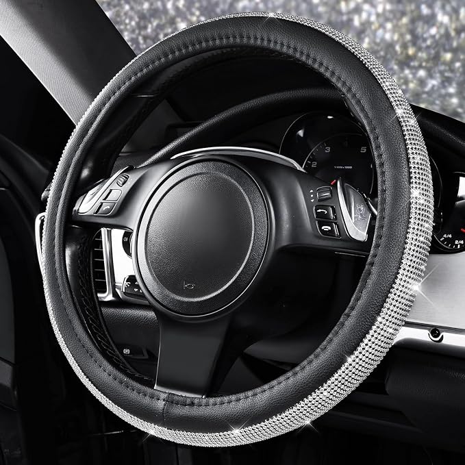 CAR PASS Bling Diamond Leather Steering Wheel Cover, with Bling Sparkly Crystal Glitter Rhinestones Universal Fit 14.5in-15in Car Wheel Protector for Women Girl Fit Suvs,Vans,Sedans,Car,Trucks, Silver - Image 6