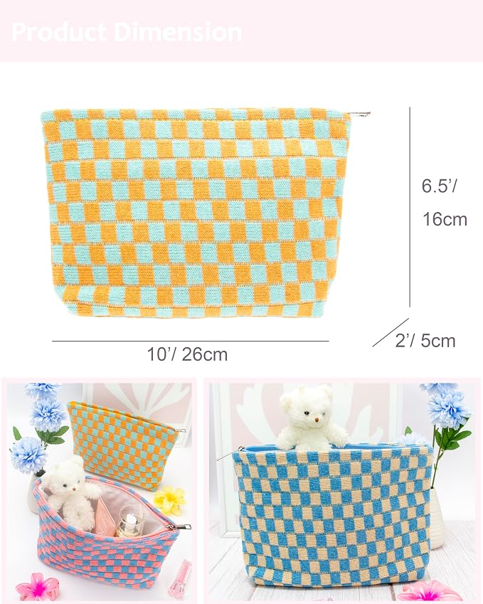 Checkered Makeup Bag for Purse, Small Flat Cosmetic Pouch,Orange Green | Cute Zipper Makeup Organizer for Women, Travel Essentials, Toiletries, Makeup Brushes, Beauty Accessories&Bridesmaid Gifts - Image 4