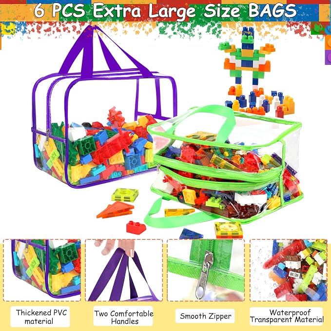 6 Colors Widen X-Large Storage Bags 12.6×9.25×6.9In with Labels, Reusable Clear PVC Board Game Storage, Travel Waterproof Organizer Bags with Zipper for Building Blocks, Puzzle, Stuffed Animals - Image 3