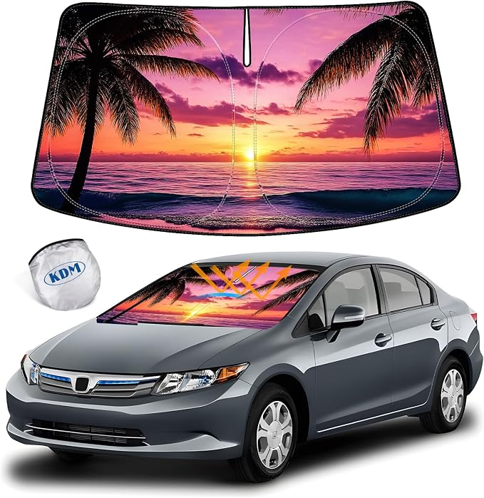 KDM Sunset Beach Style Front Windshield Sun Shade for 2012-2015 Honda Civic | 2013 2014 Civic,Foldable Reflective Windows Sunshade Visor Protector Blocks UV Rays Heat by KDM