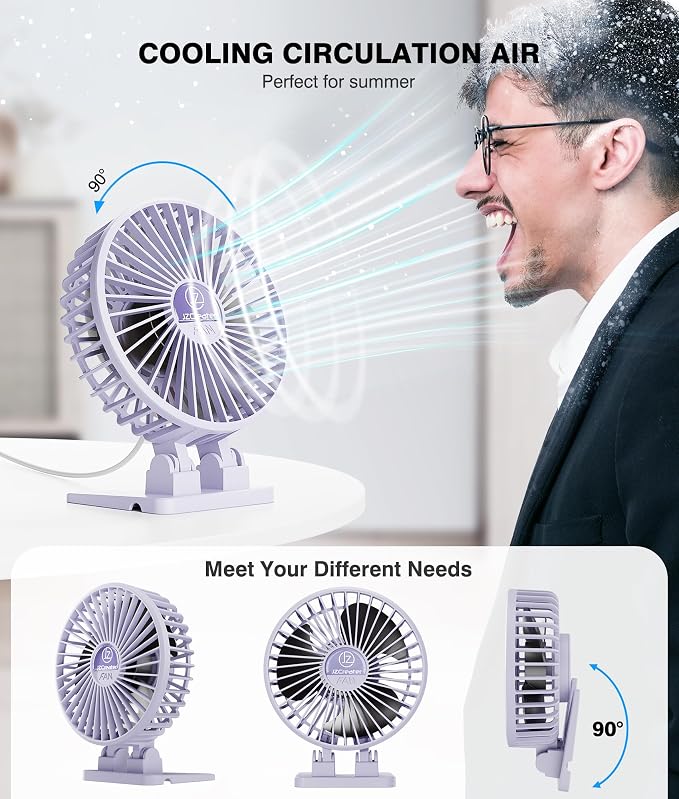 JZCreater USB Desk Fan, Mini Fan Portable, 3 Speeds Desktop Table Cooling Fan, Plug in Power Fan, Rotation Strong Wind, Quiet Personal Small Fan for Home Desktop Office Travel Bedroom, Purple - Image 3