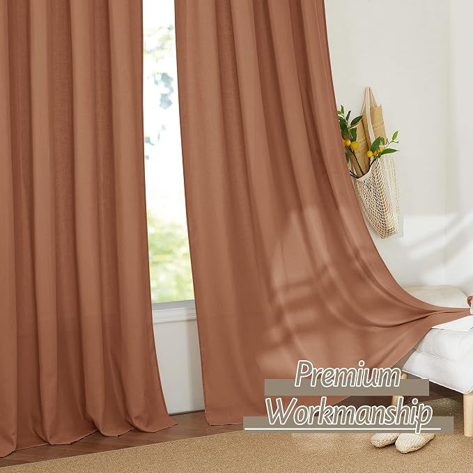 RYB HOME Linen Sheer Curtains 2 Panels for Living Room, Semi Transparent Privacy Drapes with Rod Pocket Farmhouse Style Window Treatments for Bedroom, Brunt Orange, 52" W x 90" L - Image 5
