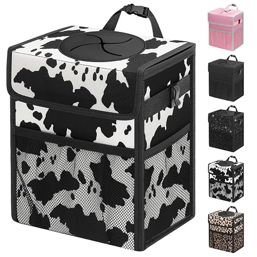 Capolo Car Trash Can with Lid, Leakproof Car Garbage Can Car Trash Bag | Waterproof, Trash Can for Car, 3 Mesh Pockets, Mini Hanging Vehicle Car Trash Bin, for Back/Front Seat (Cow Print,3 Gal) by Capolo