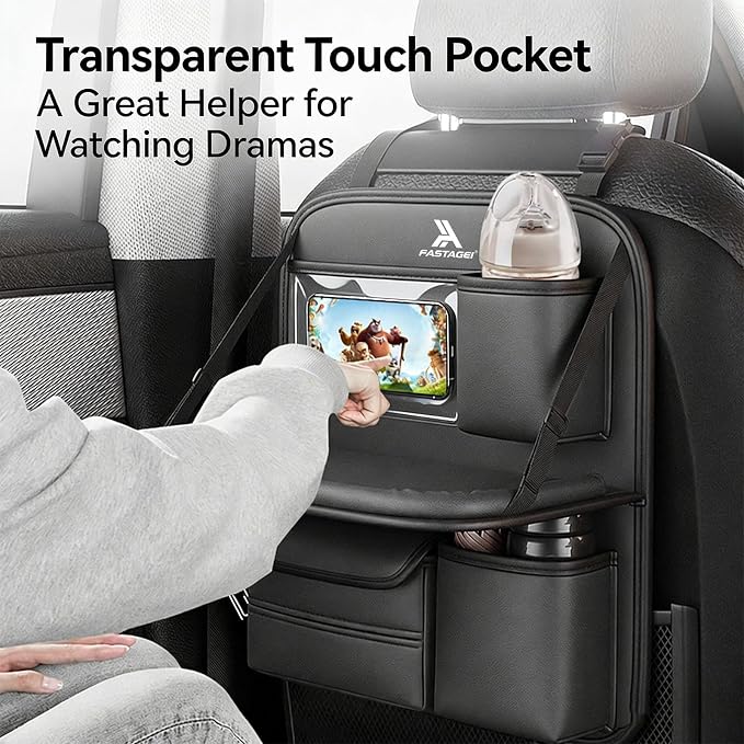 Universal Premium Leather Foldable Car Backseat Organizer with Table Tray, Seat Back Protector with Touch Screen Pad Phone Holder, Car Storage Pockets Tissue Holder with School Bags Hooks - Image 2