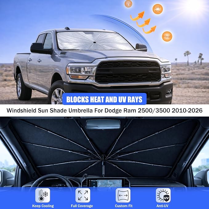 Car Windshield Sun Shade Umbrella Dodge Ram 2500/3500 2010-2026 | 2026 Upgraded,Custom-Fit Umbrella Sunshade,Easy Install,UV Protection & Heat Reflective,Keep Interior Cooler with Storage Bag - Image 3