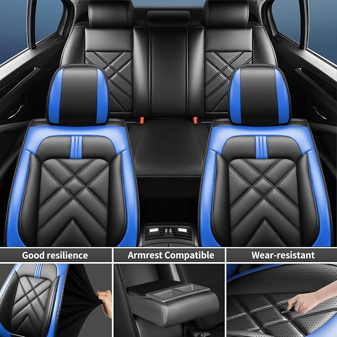 Soul Car Seat Covers Fit for Kia Soul 2010-2026, Premium Full Coverage Leather Automotive Seat Protectors, All Seasons Waterproof Breathable, Airbag Compatible, Front Seats, Black-Blue - Image 6