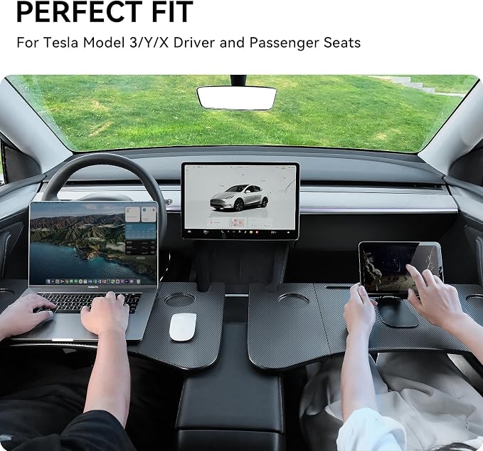 YONZEE Foldable Desk Food Tray (Carbon Edition) for Tesla Model Y Model 3 S X Y Juniper Accessories- Upgraded Table with Support Leg for Dining, in-Car Work, Travel and Outdoor (1 Pack) - Image 2
