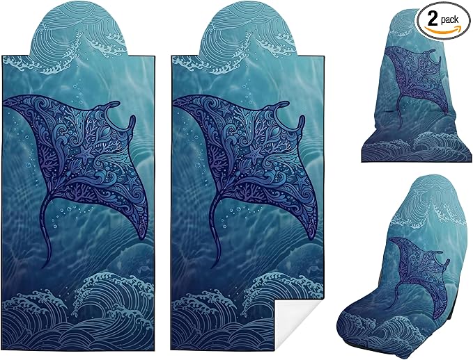 2 Pack Car Seat Towel Covers, Sweat-Proof Microfiber Seat Protectors for Gym, Running, Beach & Workout, Breathable Quick-Dry, Machine Washable, Coral Manta Ray Print, Universal Fit by Semtomn