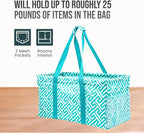 Extra Large Utility Tote Bag - Oversized Collapsible Reusable Wire Frame Rectangular Canvas Basket With Two Exterior Pockets For Beach, Pool, Laundry, Car Trunk, Storage - Geometric Teal - Image 5