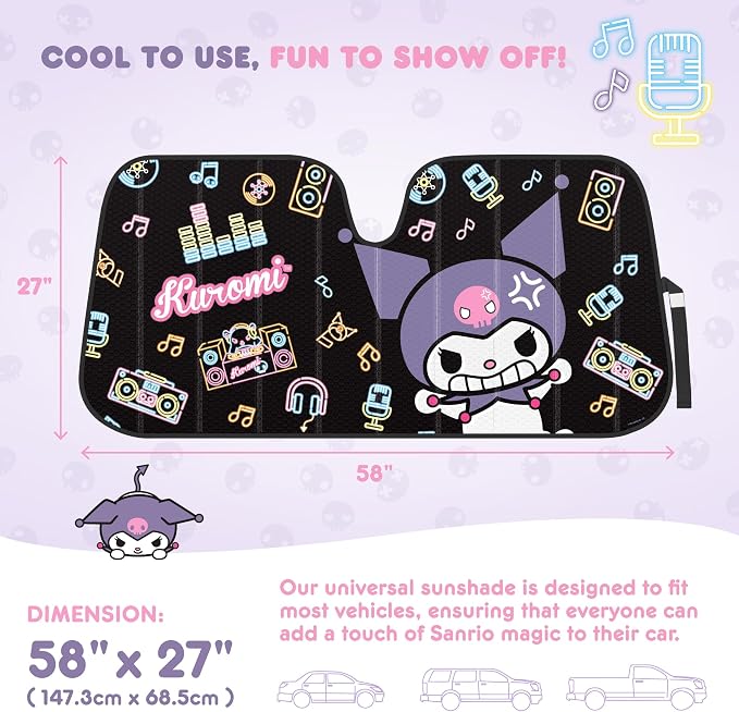 Carbella Kuromi Car Windshield Sun Shade, Official Sanrio Accordion Style Sunshade for Car Window, Cute Kawaii Car Sun Shade Windshield, Kuromi Car Accessories for Women (Neon Party) - Image 6