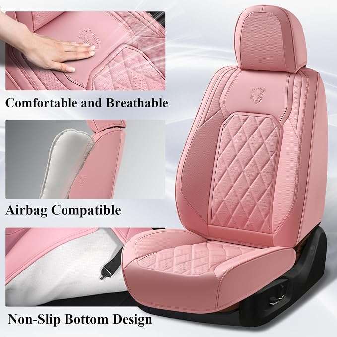 Coverado Front Seat Covers, Luxury Faux Leather Seat Covers for Cars, Pink Car Seat Covers, Car Seat Protector Waterproof, Automotive Interior Accessories Universal Fit for Most Sedans, SUVs, Trucks - Image 3