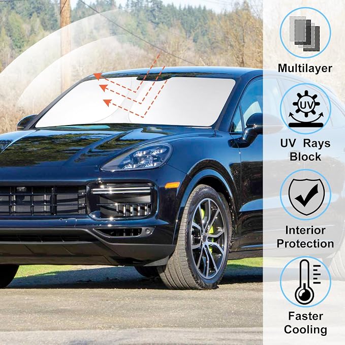 Windshield Sun Shade for 2019-2026 Porsche Cayenne Accessories | Full covered for windshield, Foldable & Durable, Block UV Rays, Reduce Heat, Easy to install, Keep Car Cooler - Image 2