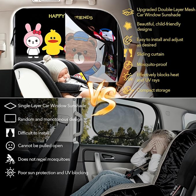 LEIWOOR 2-Pack Magnetic 2 Layers UV Protection Car Window Shades for Baby | Privacy full/half shade car back side window shades with net pocket, breathable heat block curtain for truck van sedan SUV - Image 4