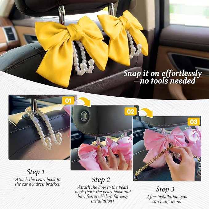 2PCS Satin Bow Pearl Car Seat Headrest Hooks – Car Bag Holder & Vehicle Hanger for Purses – Cute Coquette Aesthetic Interior Decoration – Cute Auto Organizer Accessories Universal (Sunshine Yellow) - Image 5