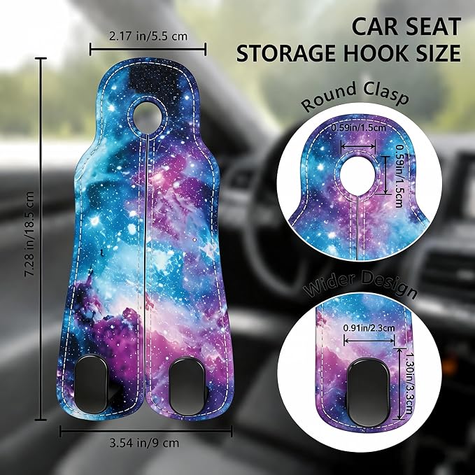 Car Seat Back Headrest Hooks - 2 Pack, Cosmic Galaxy Art Pattern Purse Hook for Car, Metal Leather Multifunctional Auto Hanger Organizer for Bags Water Bottles Phones - Image 2