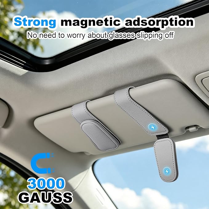 Sunglass Holder for Car Visor Magnetic Leather Visor Sunglasses Clip Eyeglass Hanger Clip for Car Sun Visor Grey 1 Pack - Image 9