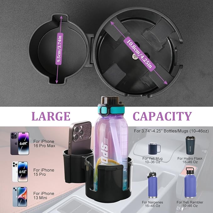 JINKEY 2 in 1 Cup Holder Expander, Extra Cup Holders Extender with Adjustable Car Cup Insert for Car Front Seat for Yeti，Hydroflask and Other Large Water Bottles & Mugs in 3.74"-4.25"(10-46 Oz) - Image 3