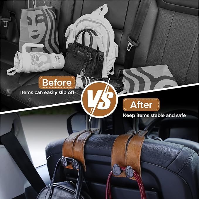 Leather Car Purse Hook for Headrest, 2 Pack (Brown-Black) | Twin Hooks Headrest Hangers, 2/4 Pack, No-Slip, Scratch-Proof, Holds Purses, Backpacks, Grocery Bags, Car Organizer Gift - Image 5