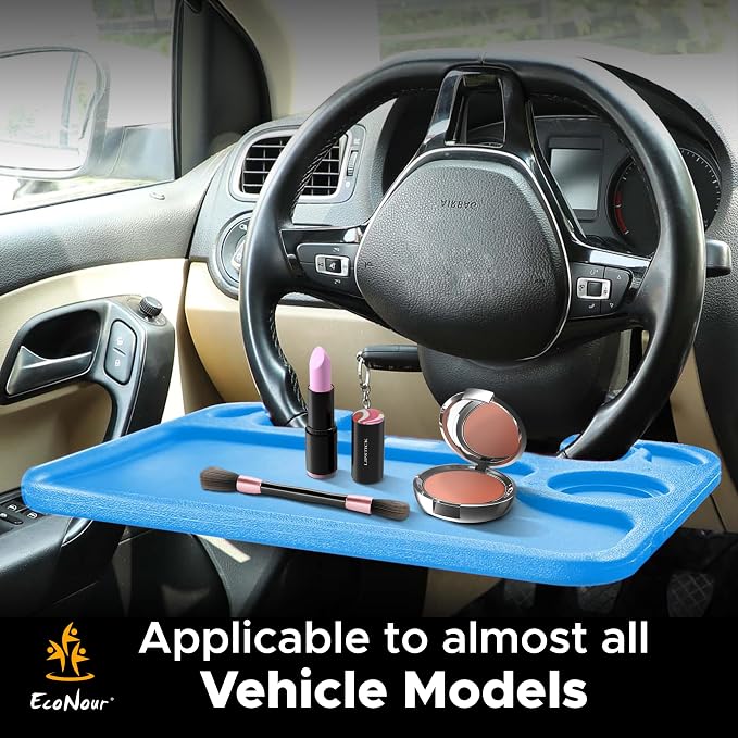 EcoNour 2 in 1 Car Steering Wheel Desk | Steering Wheel Tray for Laptop | Car Mount with Pen Holder | Car Food Tray for Eating with Drinks Holder | Multipurpose Travel Car Accessories | Blue - Image 7