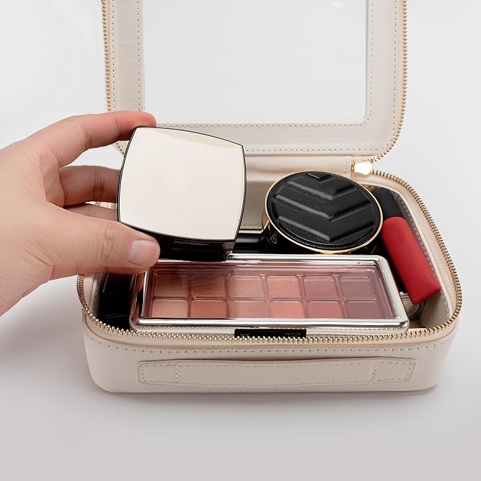 Aveniee Clear Makeup Bag Organizer Set,Portable Travel Toiletry Case for Women, Vegan Leather Cosmetic Pouch Car Bag for Essentials 2pcs,Middle & Large,Beige - Image 4